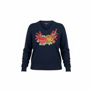 Brooks Brothers Navy V-Neck Sweater with Floral Design